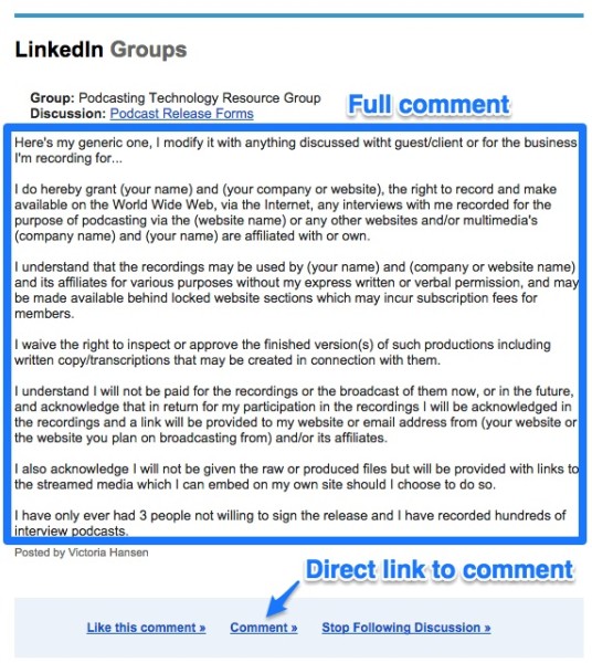 Screenshot of old LinkedIn notification emails with full comment and a direct link to the comment