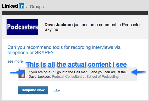 Screenshot of new LinkedIn emails with barely a complete link of actual content from the comment